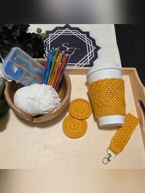 Handmade Crocheted Mustard Yellow Drink Wrap, Keychain, Car Coasters